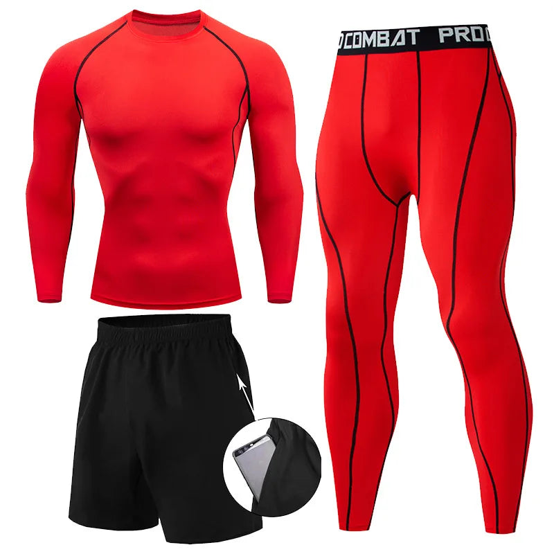 Men's 2/3pcs sets Boxing suit rashguard male kit MMA compression clothing men long-sleeved t-shirt+leggings tracksuit Sport Suit