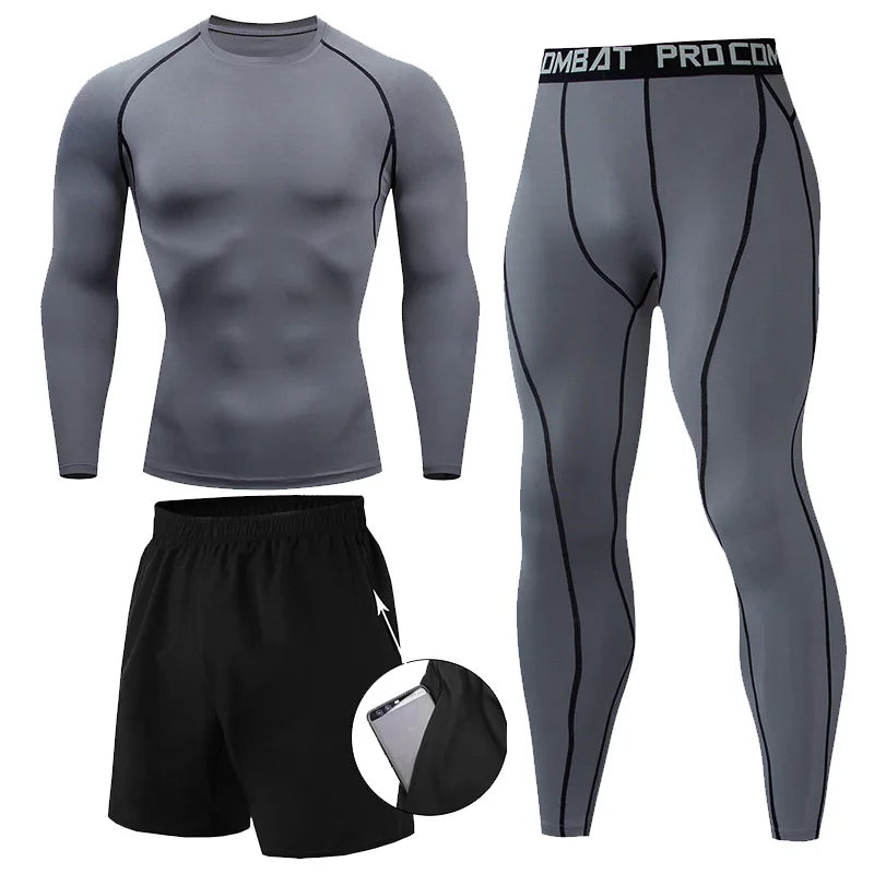 Men's 2/3pcs sets Boxing suit rashguard male kit MMA compression clothing men long-sleeved t-shirt+leggings tracksuit Sport Suit