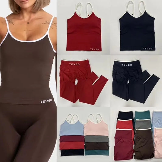 Women's Seamless Yoga Pants, Shock-absorbing Sports Chest Pad Strappy Vest Set, Fitness Stretch Leggings